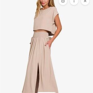 New Zenana Heavy Woven Span Crop Tee & flowy skirt set